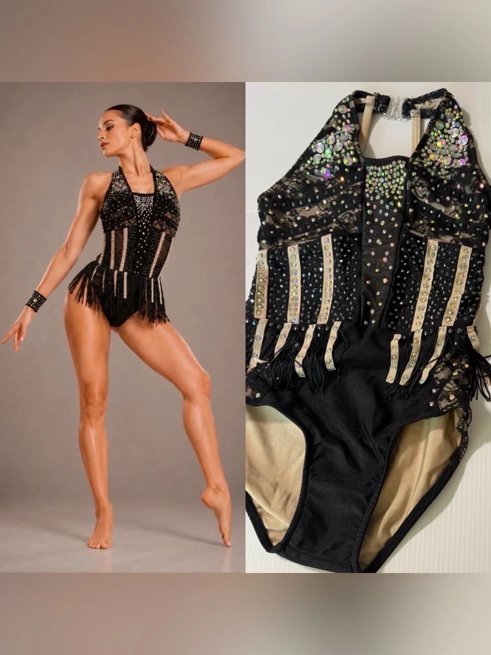 Glamour black lace jazz Broadway bling Dance Costume fringe LC-large child